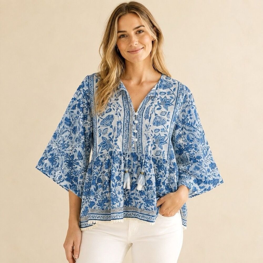 Chelsea & Theodore Blue Floral Cotton Boho Tunic Top Tassel Tie SP Coastal Flowy